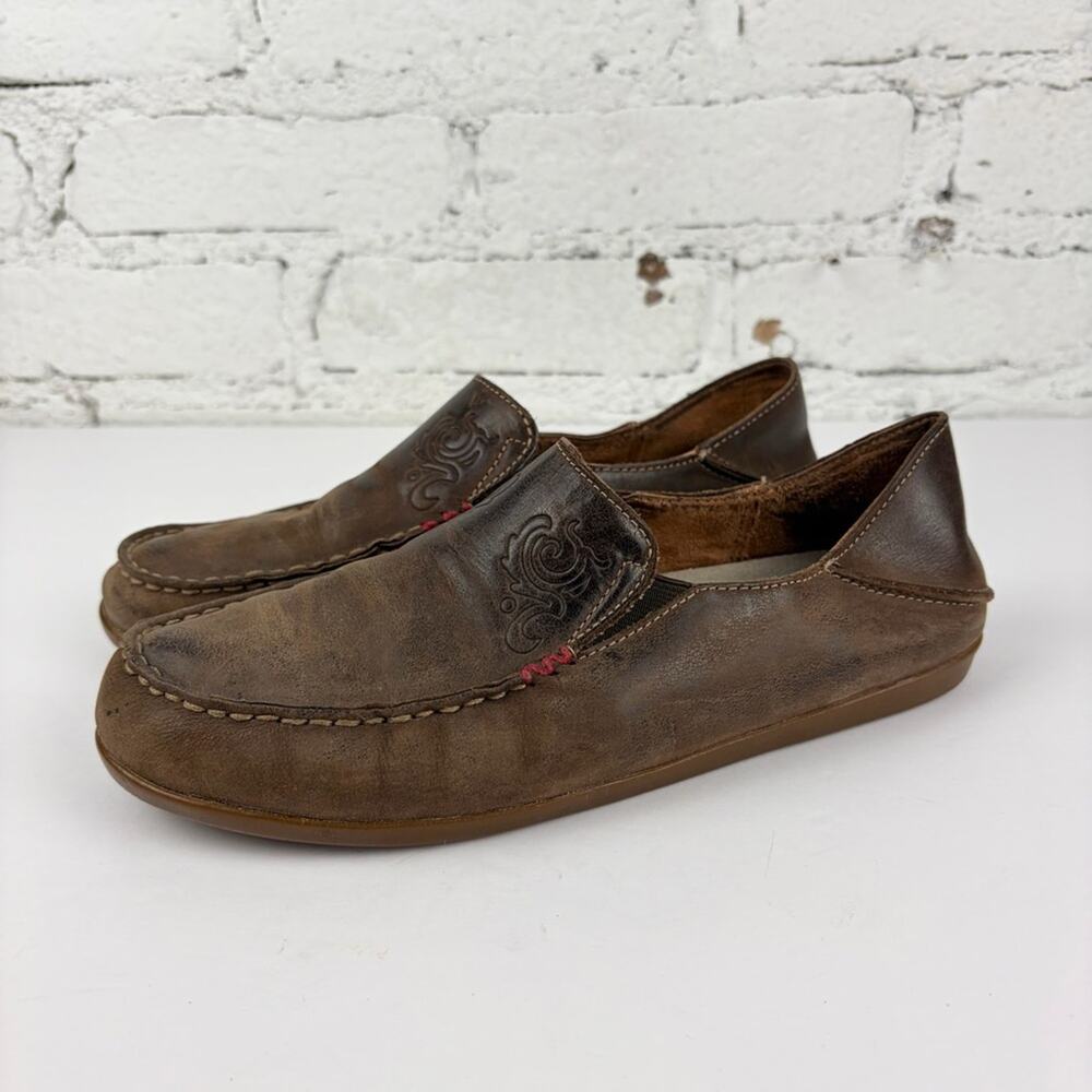 Olukai Nohea Nubuck Brown Slip On Leather Loafers 7.5